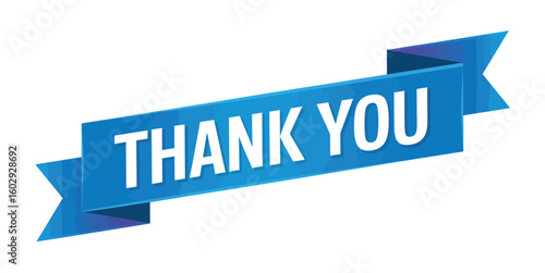  Blue ribbon with white “THANK YOU” text in bold capital letters, gradient shine effect for greeting cards, celebration, or appreciation visuals