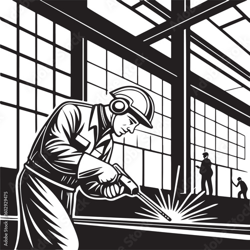 Skilled Worker Welding in Factory Detailed Black and White Illustration of Industrial Labor and Machinery