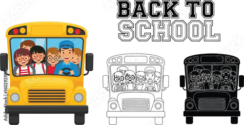 Back to school bus vector illustration with happy kids and driver for education design