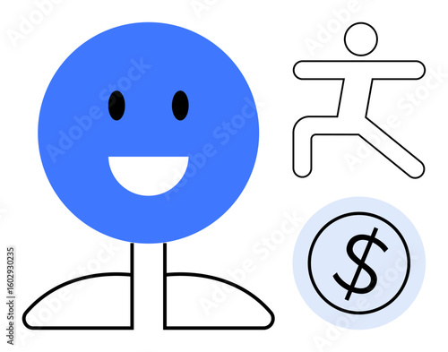 Blue happy face, person in motion, and dollar coin reflect positivity, energy, and prosperity. Ideal for success, motivation, well-being finance achievement productivity personal growth. Simple