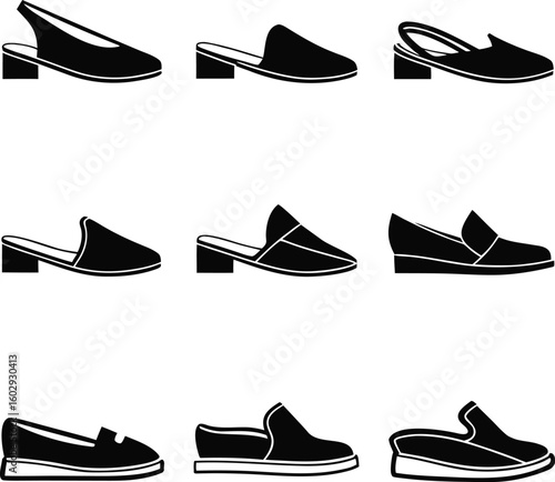 Collection of stylish women s casual loafer footwear icons in a clean silhouette design