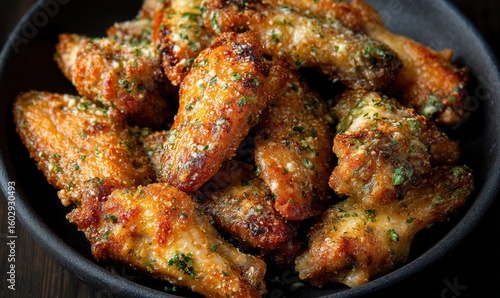 Garlic parmesan chicken wings, perfectly golden brown, served in a dark bowl for a delicious feast