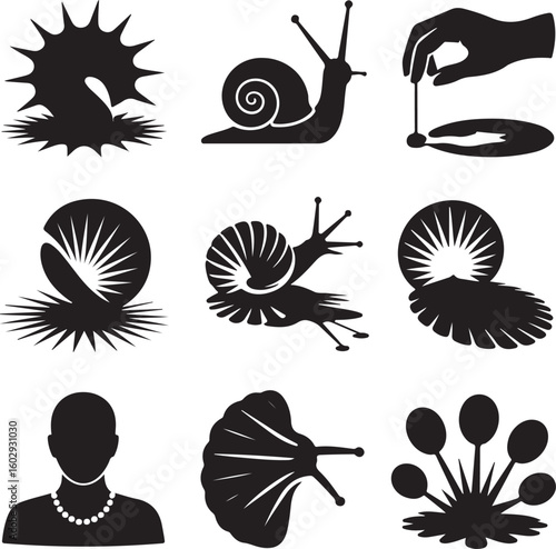 Surreal abstract snail shell icon set silhouette