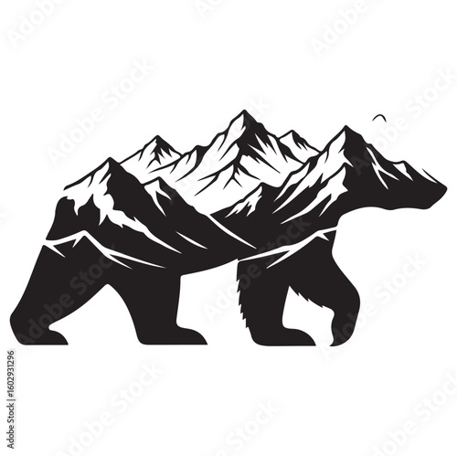 Double Exposure Bear with Mountain – Black Vector Illustration, AI generator