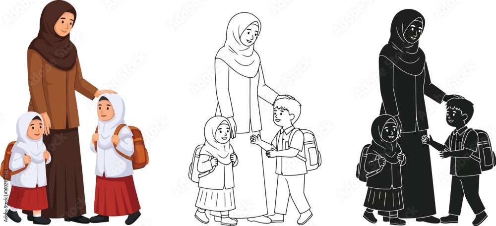 Obraz premium Muslim mother taking kids to school illustration vector design back to school concept
