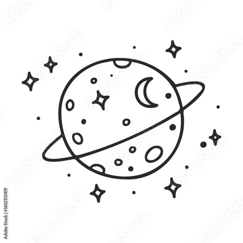 Minimalist space illustration: planet with rings, stars, crescent moon, black and white – stock vector icon in line style