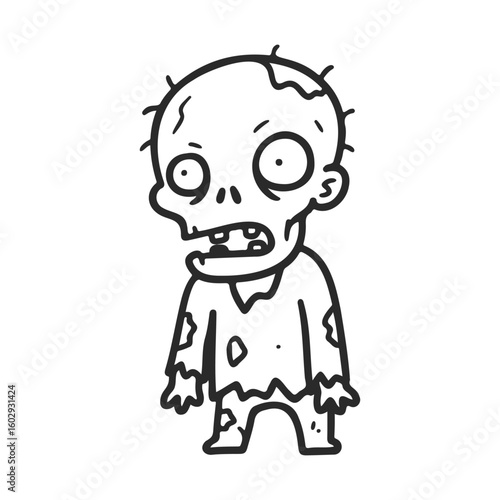 Cartoon zombie illustration with torn clothing on white background – stock vector icon in line style