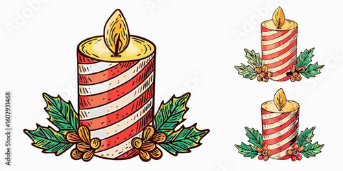 Illustration of striped candles with holly and flame for christmas and holiday decoration design use