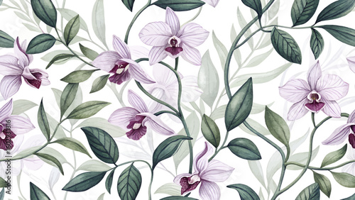 Seamless pattern of Ghost Orchid Flower and fresh green leaves. Simple style. Purple tone. High resolution. For printing on fabric or wallpaper.
