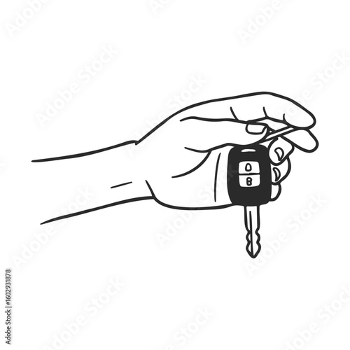Hand holding car key in minimalist black and white line art illustration – stock vector icon in line style