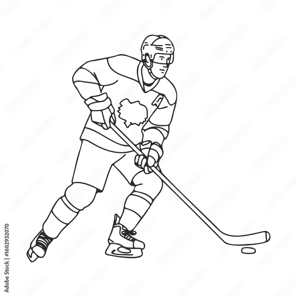 Obraz premium Male caucasian adult hockey player in action outline drawing – stock vector icon in line style