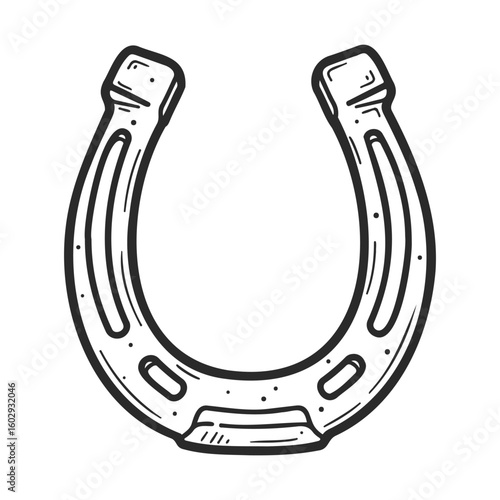 Black and white illustration of a horseshoe for good luck and protection – stock vector icon in line style