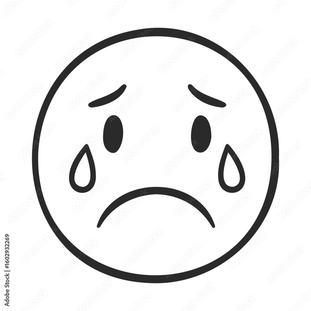 Fototapeta premium Crying face emoji with tear drops and sad expression – stock vector icon in line style