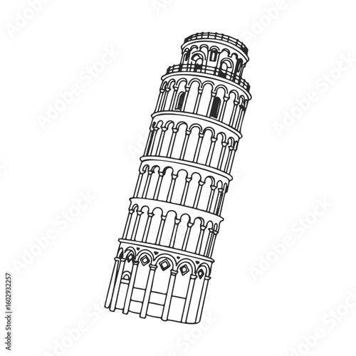 Simple line drawing of the leaning tower of pisa in black and white – stock vector icon in line style