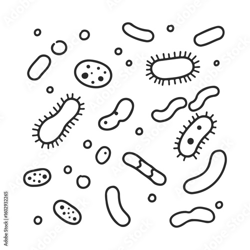 Monochrome bacteria doodle with diverse microbe shapes – stock vector icon in line style