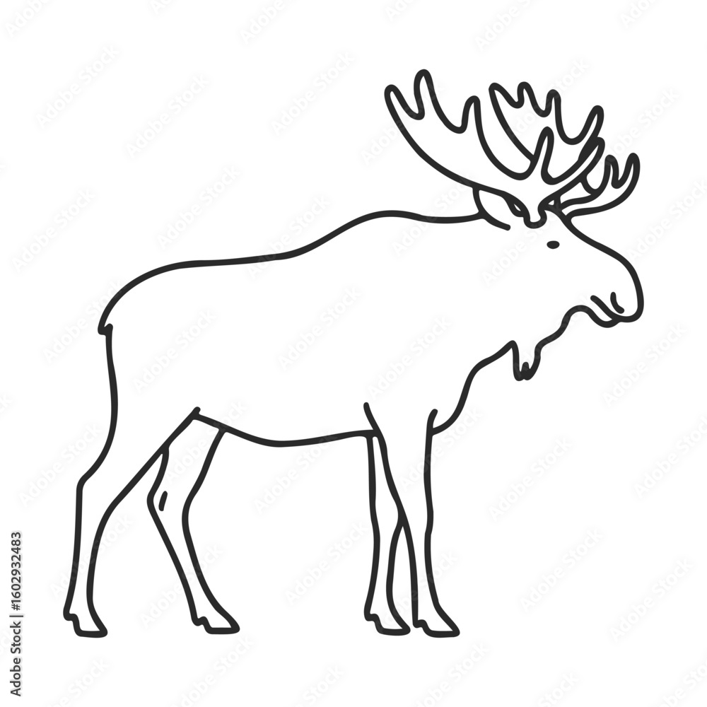 Obraz premium Outline of moose: large antlered mammal silhouette in simple monochrome design – stock vector icon in line style