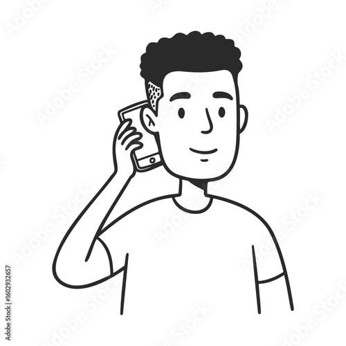 Young male with curly hair answering phone call line art – stock vector icon in line style