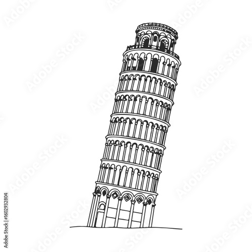 Black and white line drawing of the leaning tower of pisa with detailed architectural elements – stock vector icon in line style