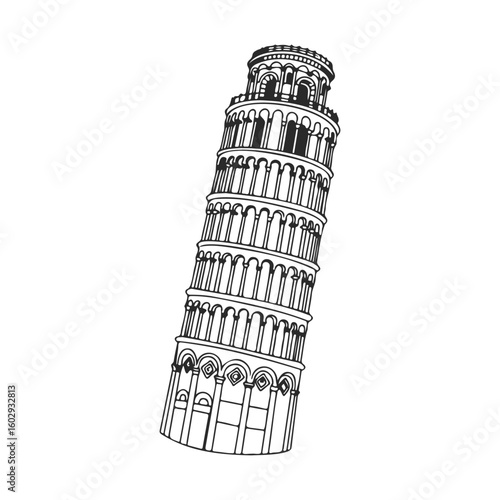 Leaning tower of pisa illustration in black and white showing unique architectural design – stock vector icon in line style