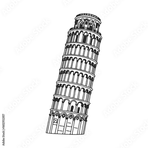 Simple black and white line drawing of the leaning tower of pisa architectural icon – stock vector icon in line style