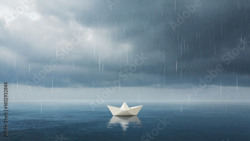 Paper Boat Floating Alone in Rainy Ocean