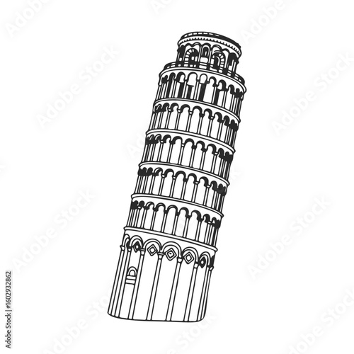 Black and white line drawing of the leaning tower of pisa – stock vector icon in line style
