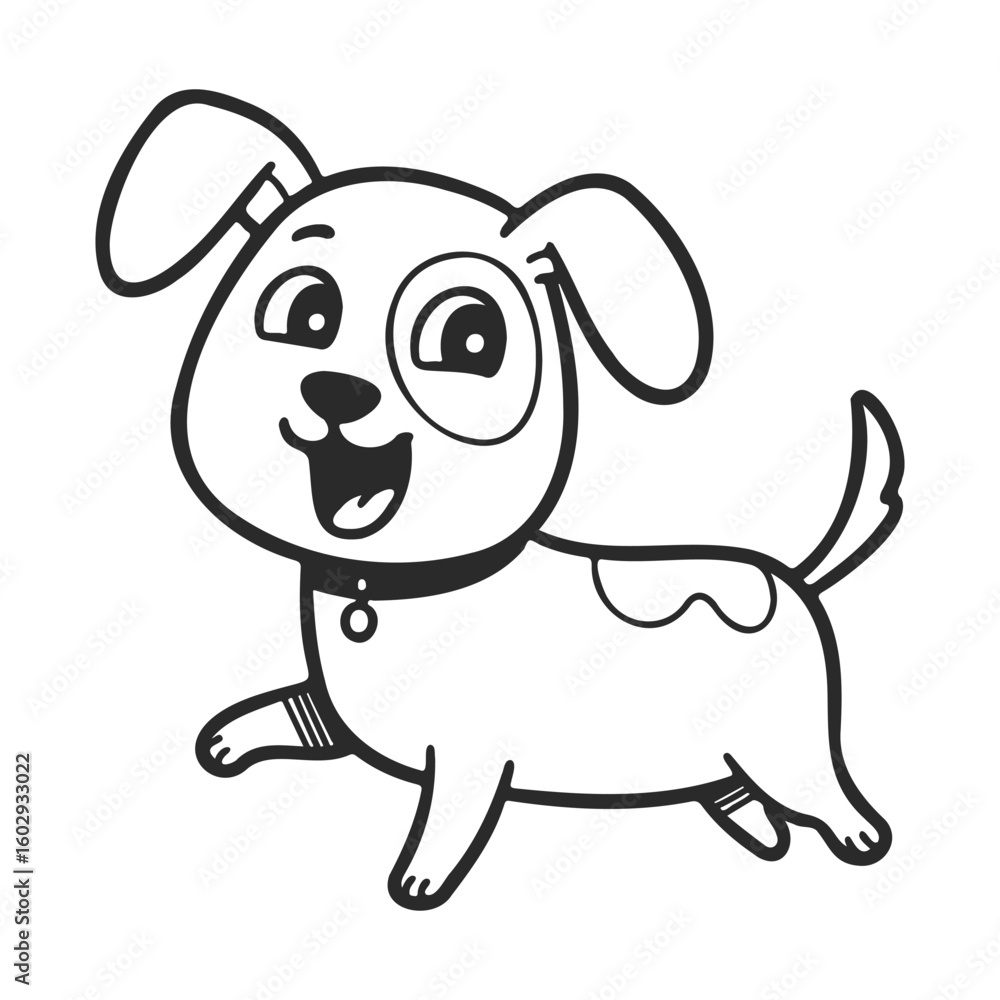 Fototapeta premium Playful cartoon puppy with big eyes and collar illustration in black and white – stock vector icon in line style