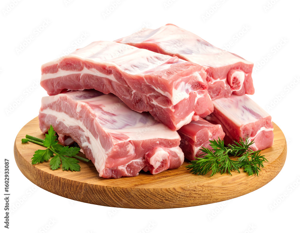 Fototapeta premium raw meat : boned fresh ribs served with dill and green chives on wooden board isolated over white background