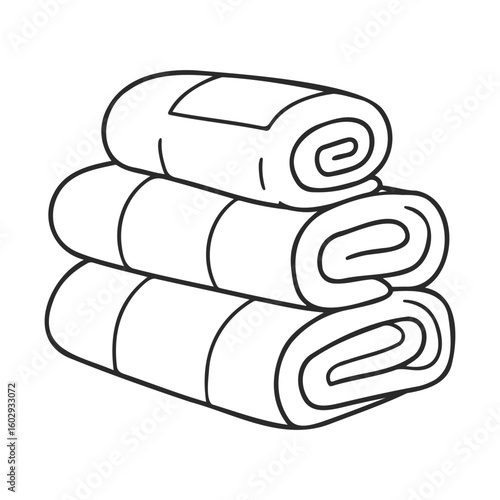 Stack of three rolled towels in simple black and white line art style – stock vector icon in line style