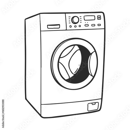 Hand-drawn sketch of a modern front-loading washing machine with control panel – stock vector icon in line style