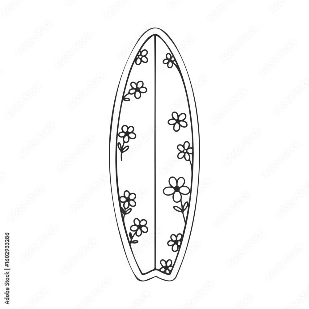 Floral pattern surfboard illustration with flower decoration – stock vector icon in line style