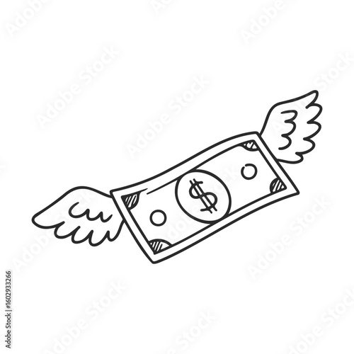 Flying dollar bill with cartoon wings symbolizing financial loss – stock vector icon in line style