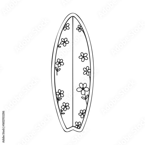 Floral pattern surfboard illustration with flower decoration – stock vector icon in line style