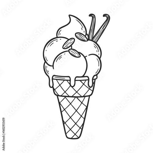 Hand-drawn vanilla ice cream cone with dripping cream and vanilla beans – stock vector icon in line style