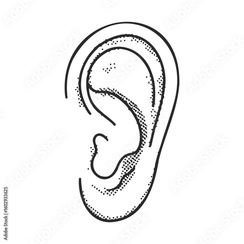 Detailed black outline of human ear with dotted texture – stock vector icon in line style