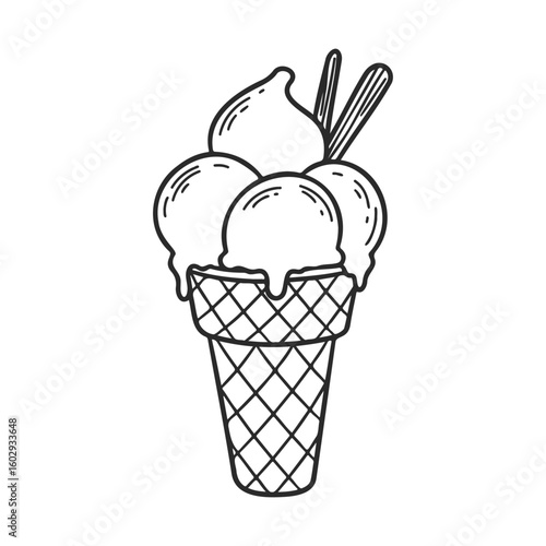 Black and white sketch of ice cream cone with waffle pattern and chocolate sticks – stock vector icon in line style
