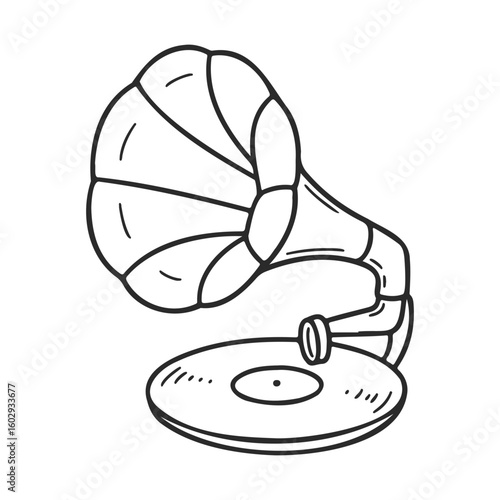 Vintage gramophone with vinyl record in black and white line art illustration – stock vector icon in line style