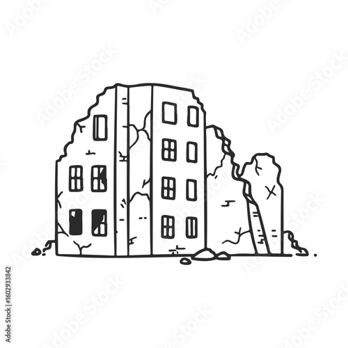 Abandoned urban building ruins with crumbling walls and windows – stock vector icon in line style