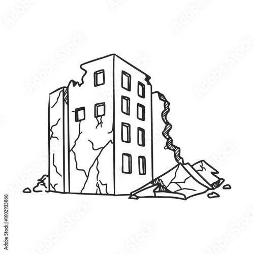 Hand-drawn sketch of crumbling building with debris – stock vector icon in line style