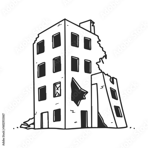 Abandoned crumbling building illustration with broken windows and structural damage – stock vector icon in line style
