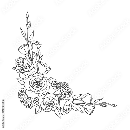 Elegant floral corner design with roses and leaves in black and white – stock vector icon in line style