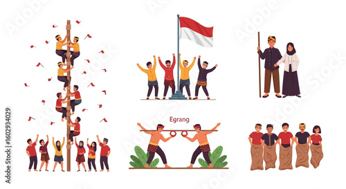 Collection of Indonesian Independence Day Traditional Games and Cultural Elements Vector Set