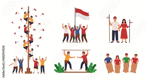 Set of Indonesian Independence Day Celebrations and Traditional Games Illustrations
