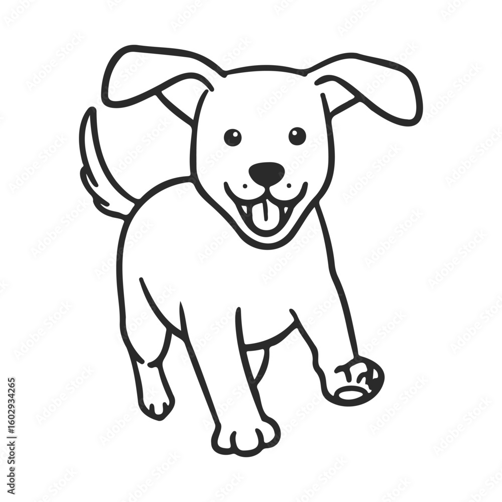 Fototapeta premium Playful cartoon puppy outline illustration with happy expression and wagging tail – stock vector icon in line style