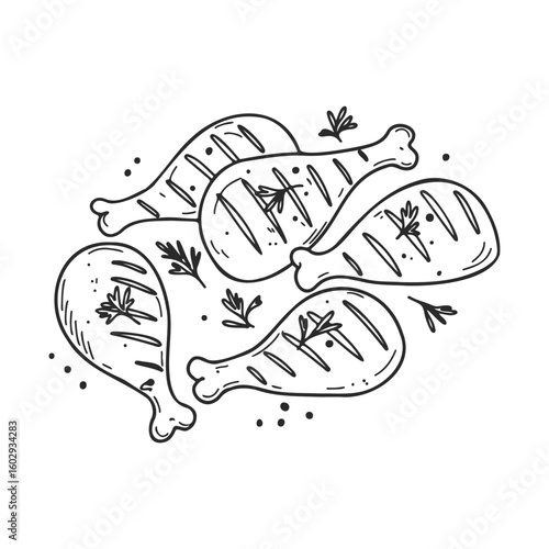 Grilled chicken drumsticks with herbs black and white sketch – stock vector icon in line style