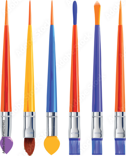 Colorful paintbrushes with varying bristle shapes and handle colors tools craft