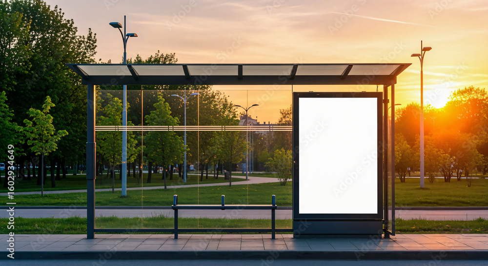 Fototapeta premium Bus Stop Billboard at Sunset - Mockup for Advertising