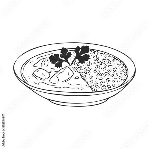 Black and white illustration of curry with rice in a bowl – stock vector icon in line style