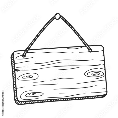 Hand-drawn wooden hanging signboard with rope - rustic design – stock vector icon in line style