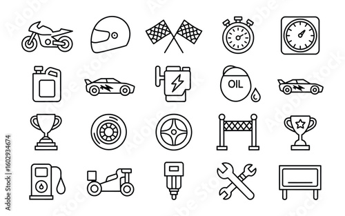 Car Racing and Motorsport Line Art Vector Icon Set - Motorcycle, Helmet, Checkered Flag, Stopwatch, Race Car, Trophy, Engine, and Tools